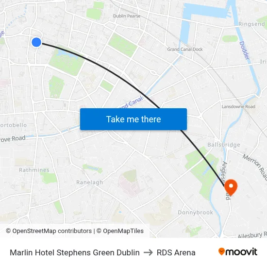 Marlin Hotel Stephens Green Dublin to RDS Arena map