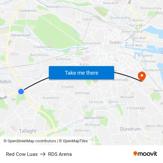 Red Cow Luas to RDS Arena map