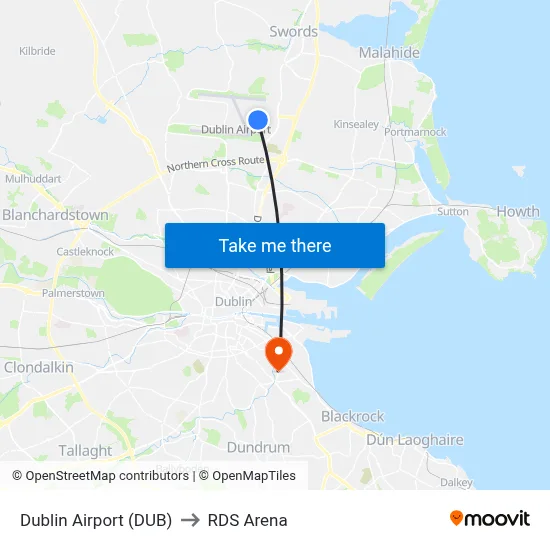 Dublin Airport (DUB) to RDS Arena map
