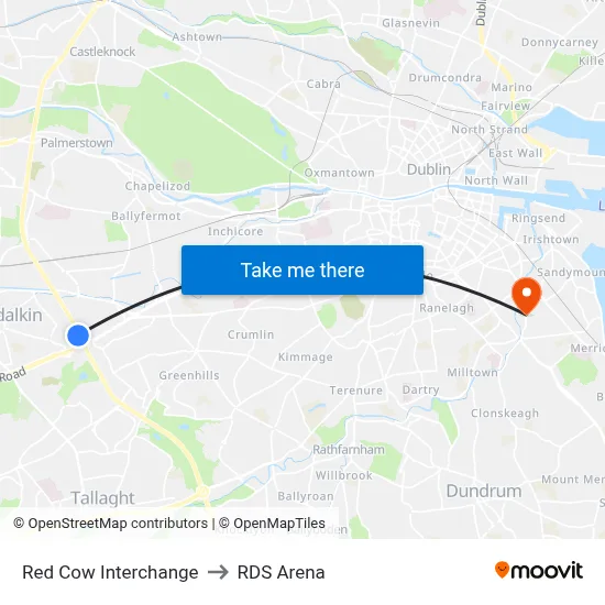 Red Cow Interchange to RDS Arena map