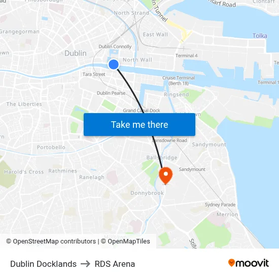 Dublin Docklands to RDS Arena map