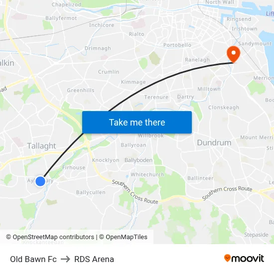Old Bawn Fc to RDS Arena map