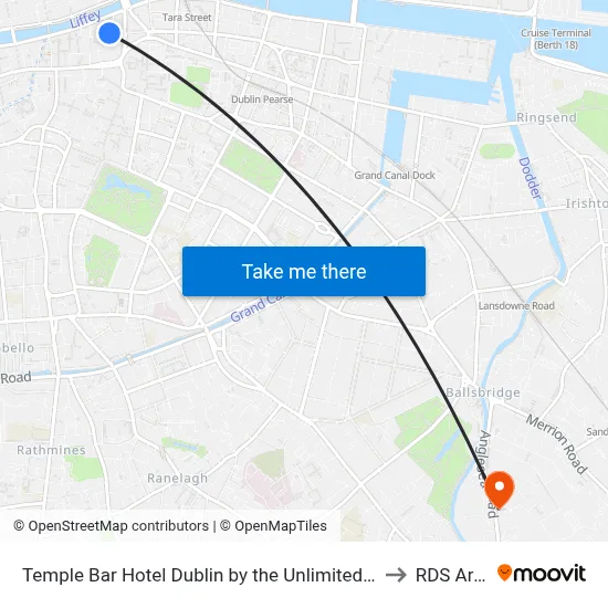 Temple Bar Hotel Dublin by the Unlimited Collection to RDS Arena map