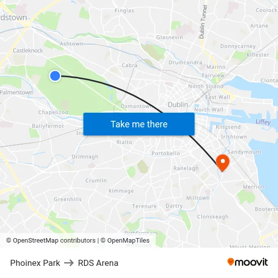 Phoinex Park to RDS Arena map