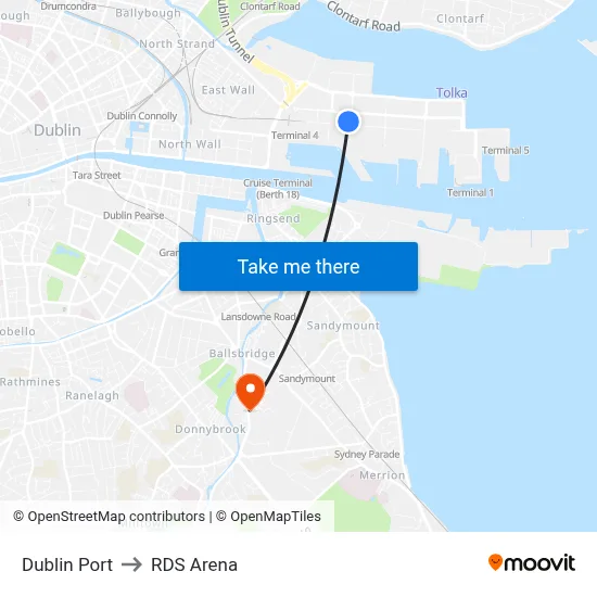 Dublin Port to RDS Arena map