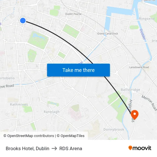 Brooks Hotel, Dublin to RDS Arena map