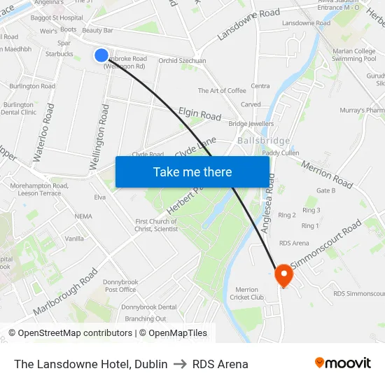 The Lansdowne Hotel, Dublin to RDS Arena map