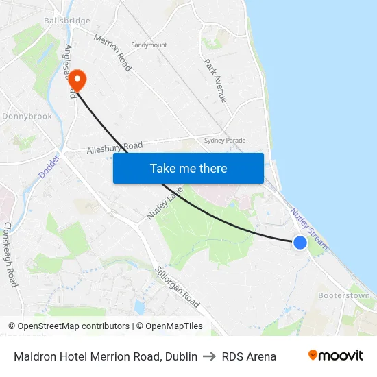 Maldron Hotel Merrion Road, Dublin to RDS Arena map