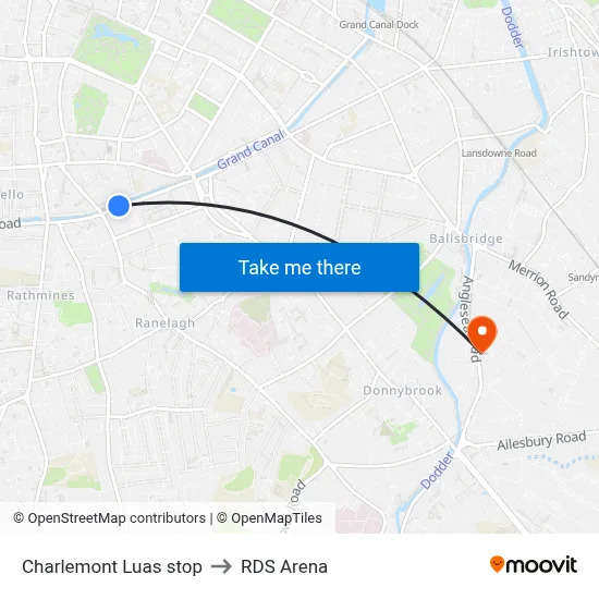 Charlemont Luas stop to RDS Arena map