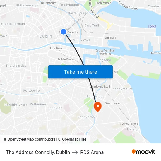 The Address Connolly, Dublin to RDS Arena map