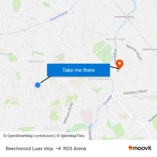 Beechwood Luas stop to RDS Arena map