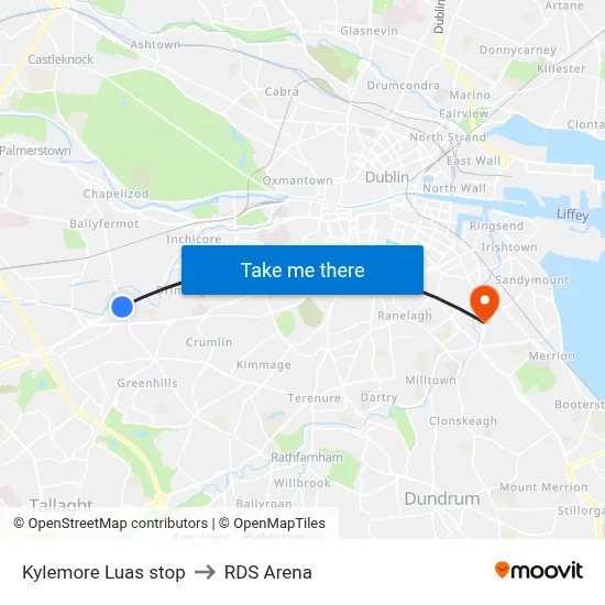 Kylemore Luas stop to RDS Arena map