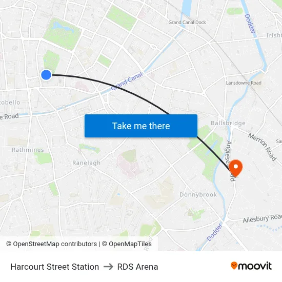 Harcourt Street Station to RDS Arena map