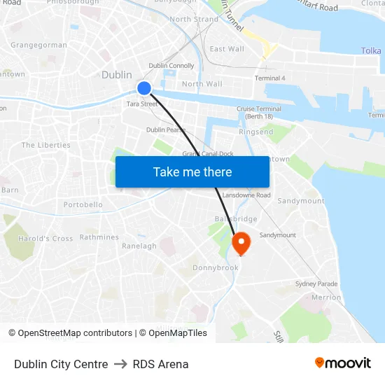 Dublin City Centre to RDS Arena map