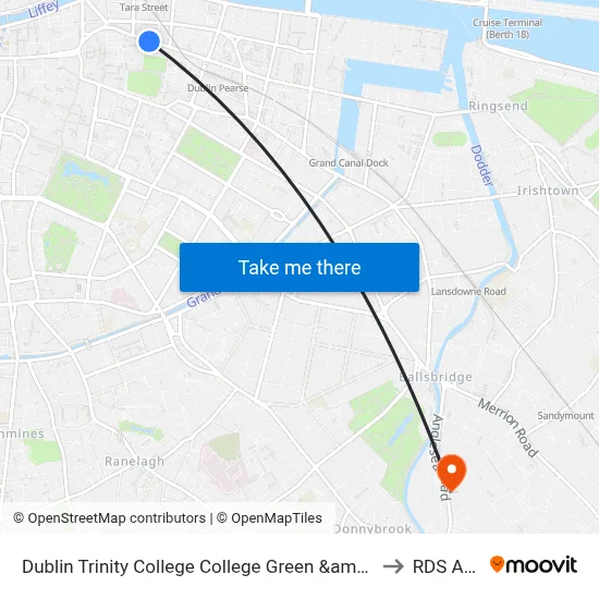 Dublin Trinity College College Green &amp; Temple Bar to RDS Arena map