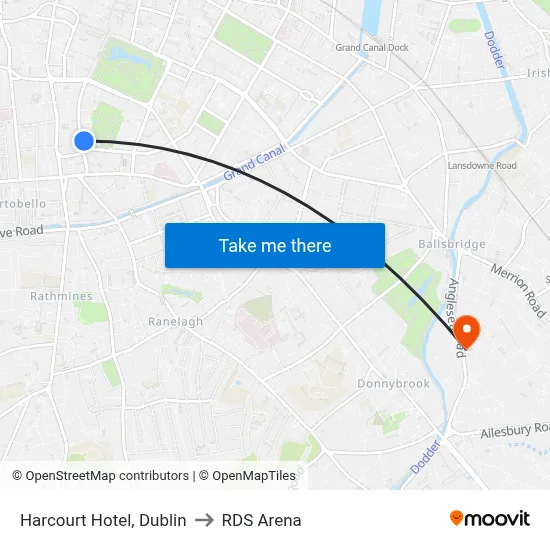 Harcourt Hotel, Dublin to RDS Arena map