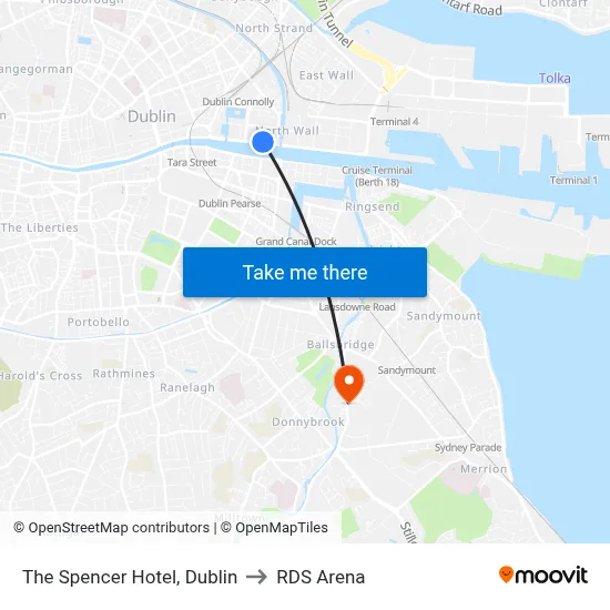 The Spencer Hotel, Dublin to RDS Arena map