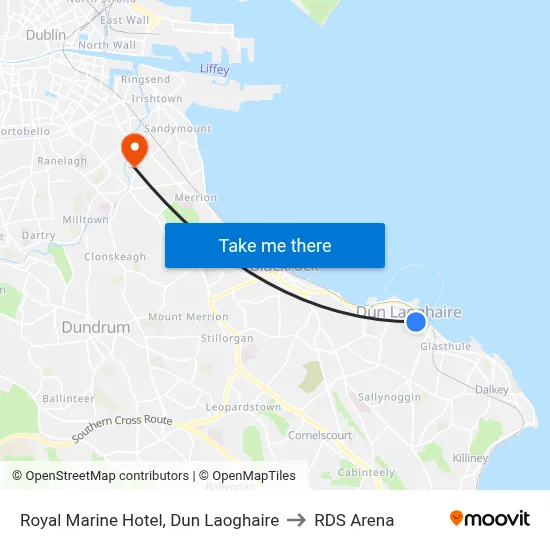 Royal Marine Hotel, Dun Laoghaire to RDS Arena map