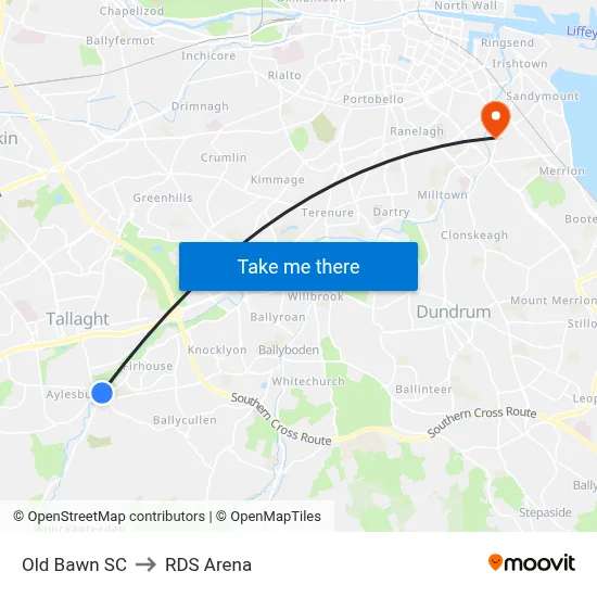 Old Bawn SC to RDS Arena map