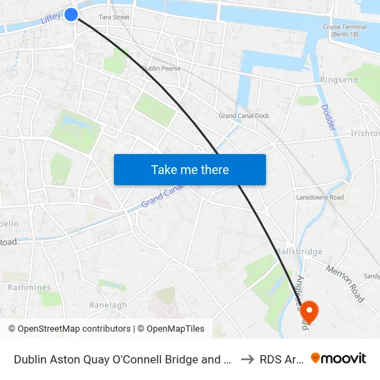 Dublin Aston Quay O'Connell Bridge and Temple Bar to RDS Arena map