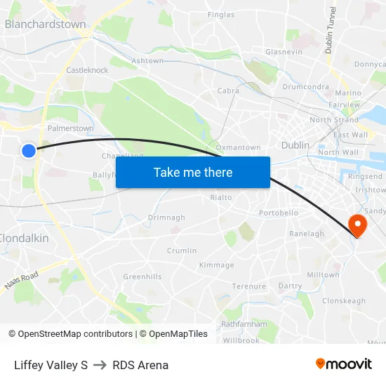 Liffey Valley S to RDS Arena map