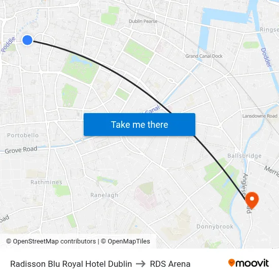 Radisson Blu Royal Hotel Dublin to RDS Arena map