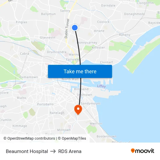 Beaumont Hospital to RDS Arena map