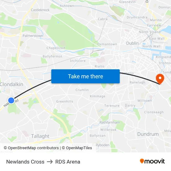 Newlands Cross to RDS Arena map