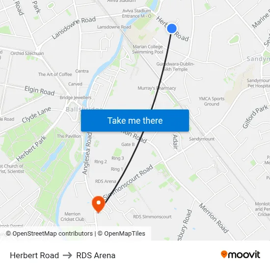Herbert Road to RDS Arena map
