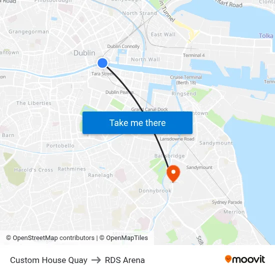 Custom House Quay to RDS Arena map