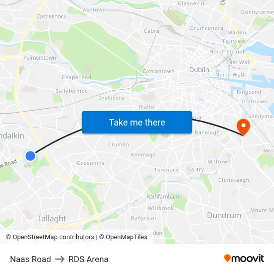 Naas Road to RDS Arena map