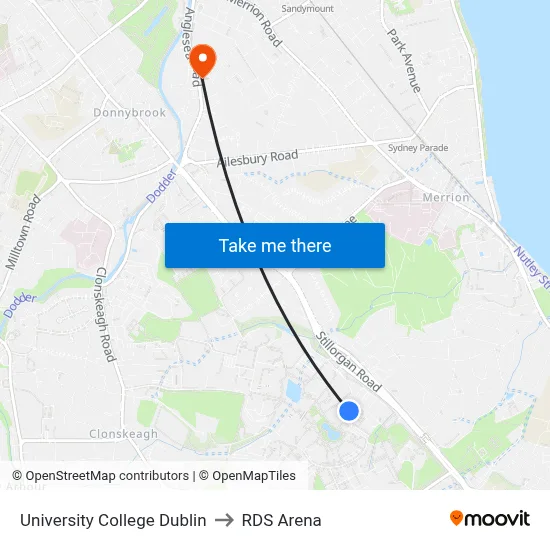 University College Dublin to RDS Arena map