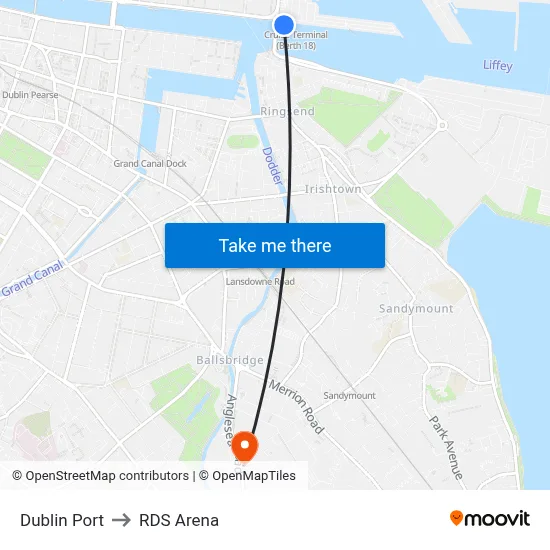 Dublin Port to RDS Arena map
