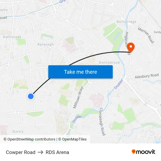 Cowper Road to RDS Arena map