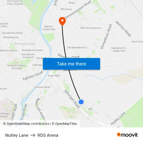 Nutley Lane to RDS Arena map