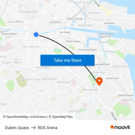 Dublin Quays to RDS Arena map
