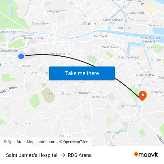 Saint James's Hospital to RDS Arena map