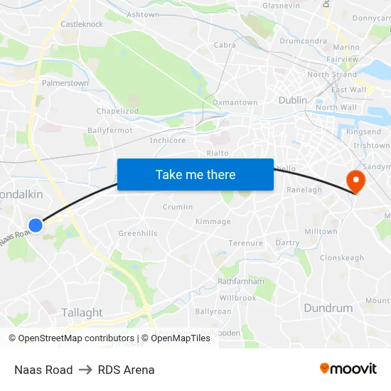Naas Road to RDS Arena map