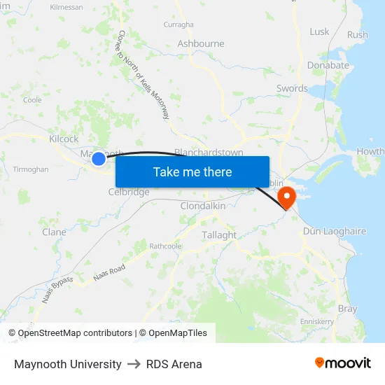 Maynooth University to RDS Arena map