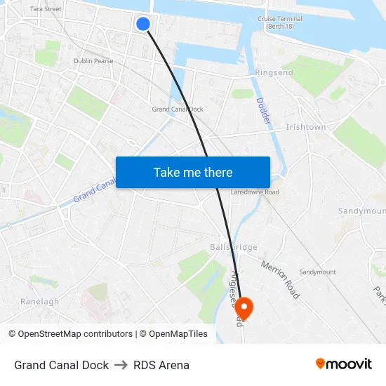 Grand Canal Dock to RDS Arena map