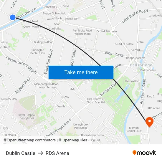 Dublin Castle to RDS Arena map