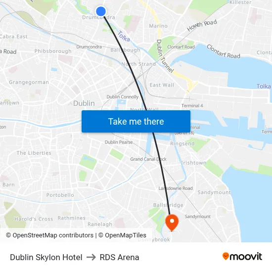Dublin Skylon Hotel to RDS Arena map
