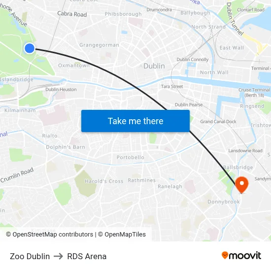 Zoo Dublin to RDS Arena map