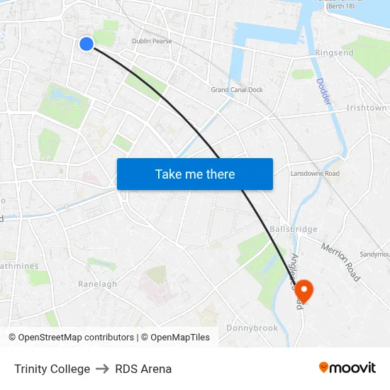 Trinity College to RDS Arena map