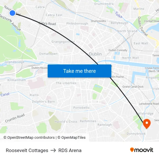 Roosevelt Cottages to RDS Arena map
