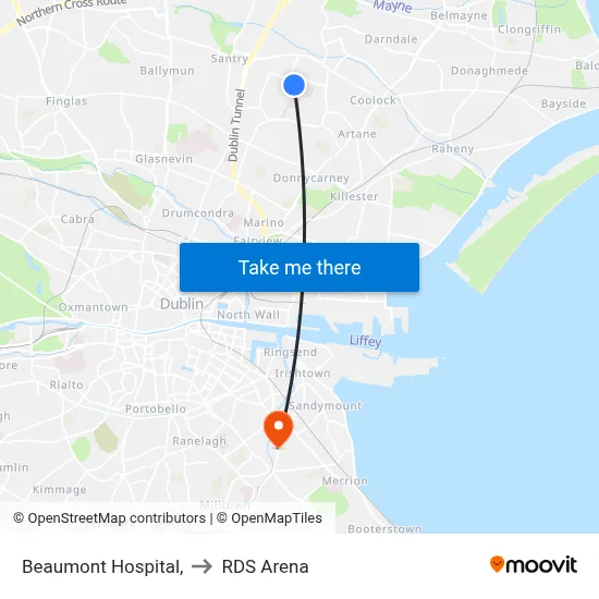 Beaumont Hospital, to RDS Arena map