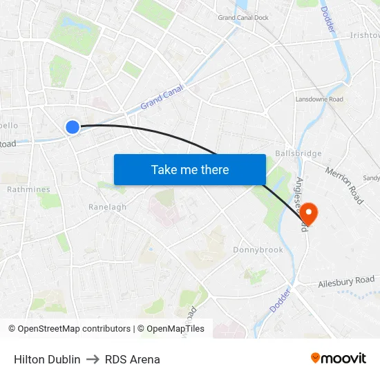Hilton Dublin to RDS Arena map