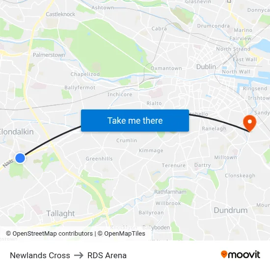 Newlands Cross to RDS Arena map