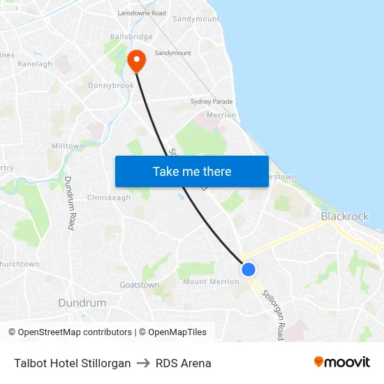 Talbot Hotel Stillorgan to RDS Arena map