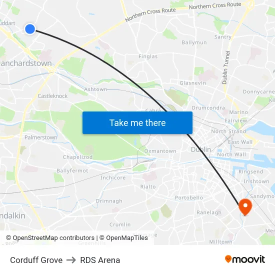 Corduff Grove to RDS Arena map